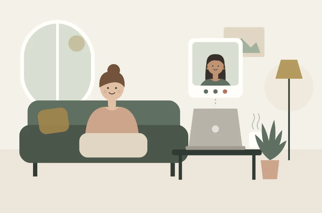 Ilustración: una persona en el sofá haciendo terapia por videollamada desde su portátil